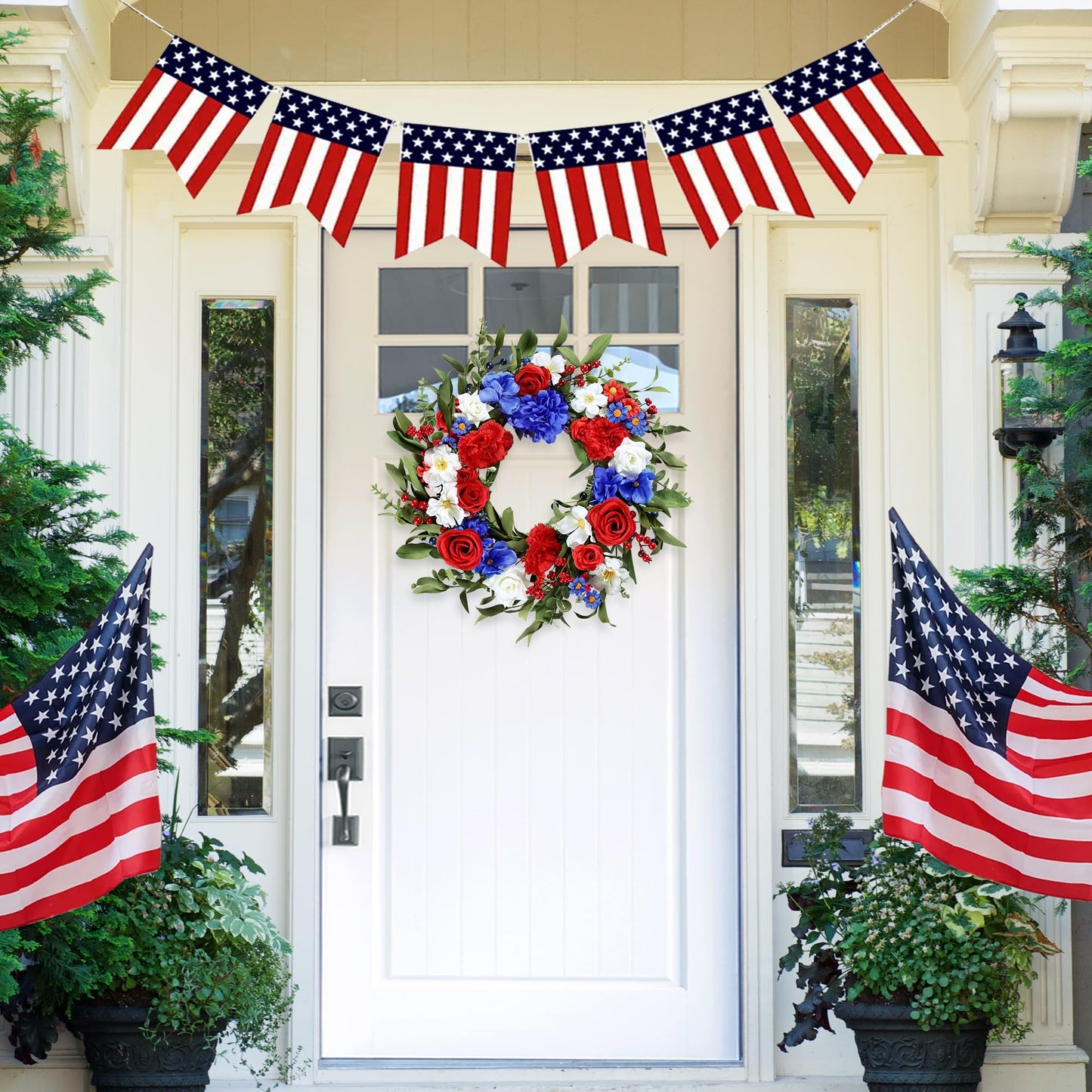 Sggvecsy 20Inch 4th of July Patriotic Day Wreath for Front Door with Artificial Floral Red Blue White Flower Roses Hydrangea Daisy Patriotic Decorations for Memorial Day Independence Day Veterans Day