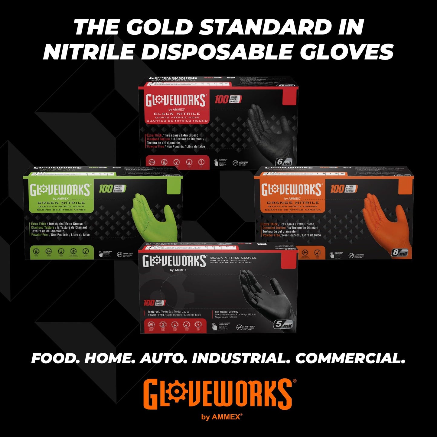 GLOVEWORKS Orange Nitrile Gloves 8 Mil Disposable Heavy Duty Raised Diamond Texture Latex Free Mechanic, Large 2 Boxes of 100