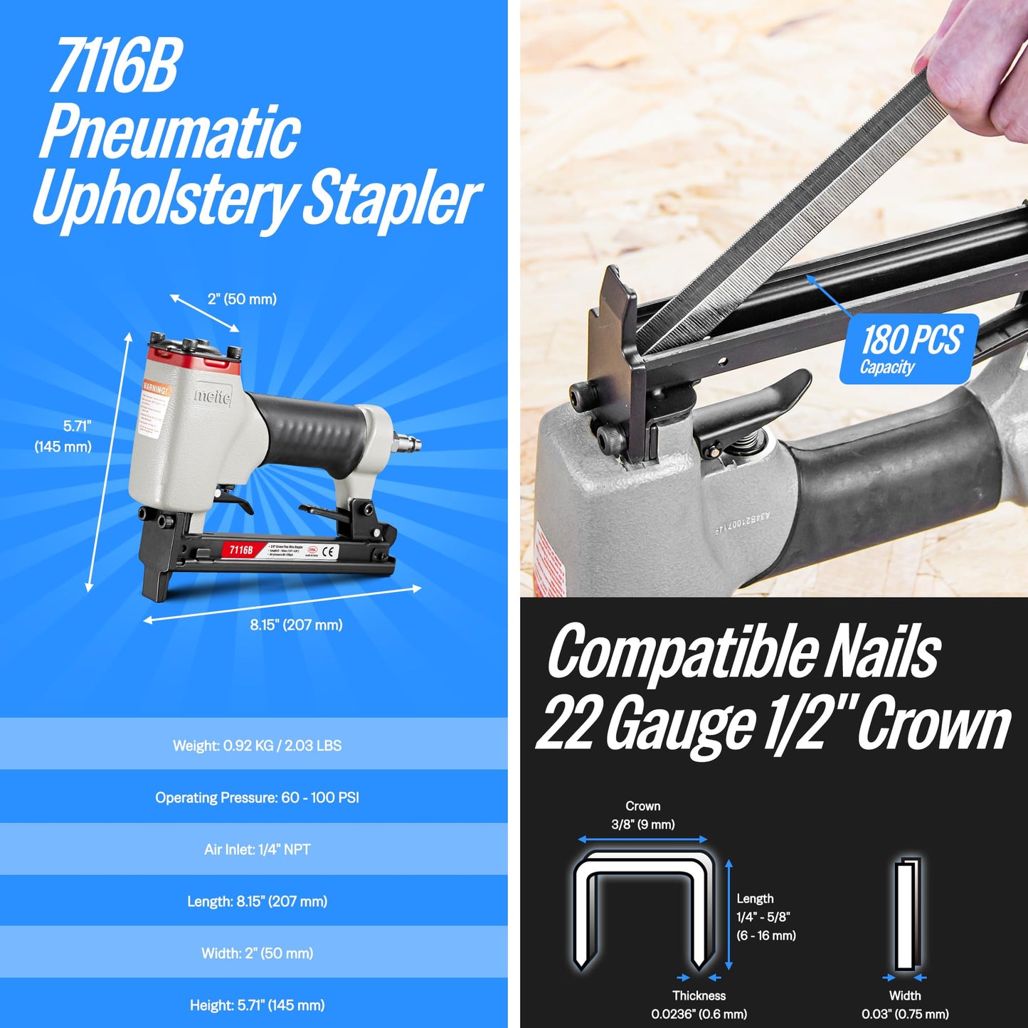 meite 7116B Upholstery Stapler 22 Gauge 3/8-Inch Crown or C Crown 1/4-Inch to 5/8-Inch Length Pneumatic Fine Wire Stapler