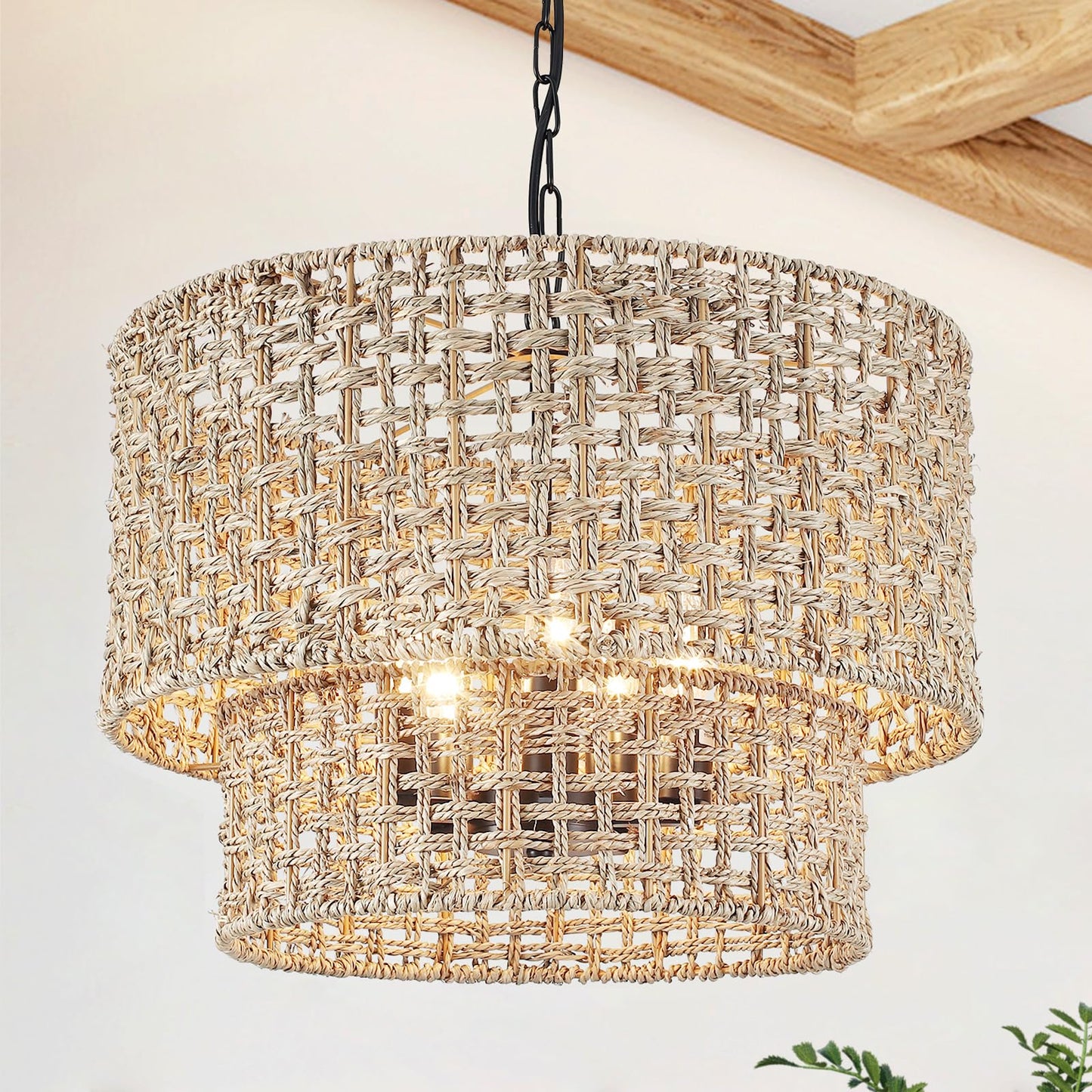 18.9" Rattan Farmhouse Chandelier 5-Light Large Boho Wicker Pendant Light Fixtures Hanging Coastal Drum Lighting Hand 2 Tier Woven Chandeliers for Living Room Dining Room Kitchen Island Foyer Entryway