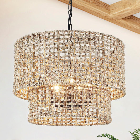 18.9" Rattan Farmhouse Chandelier 5-Light Large Boho Wicker Pendant Light Fixtures Hanging Coastal Drum Lighting Hand 2 Tier Woven Chandeliers for Living Room Dining Room Kitchen Island Foyer Entryway