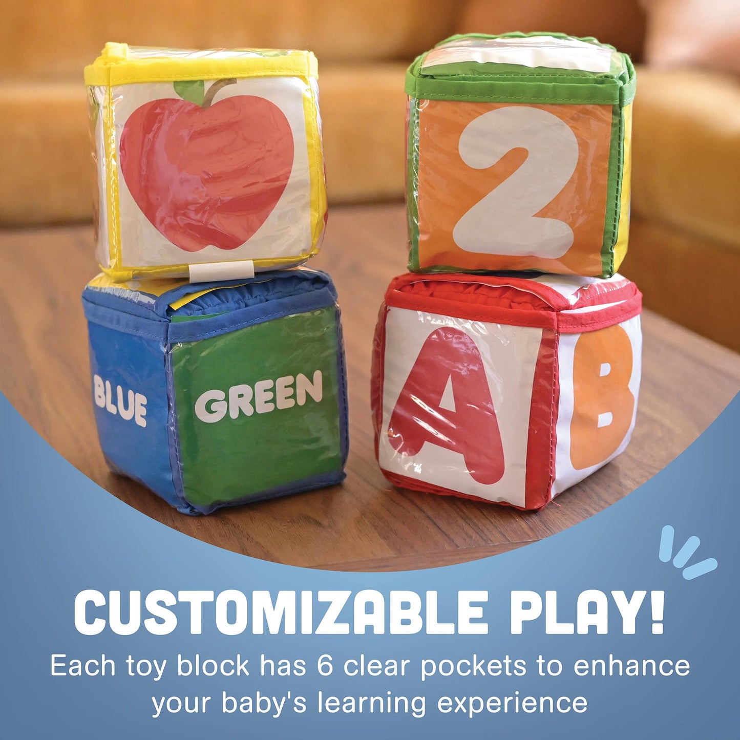 CP Toys Photo Pocket Foam Stacking Blocks - Set of 4 Colorful Blocks with 24 Vinyl Photo Pockets to Personalize - Ages 12 Months+