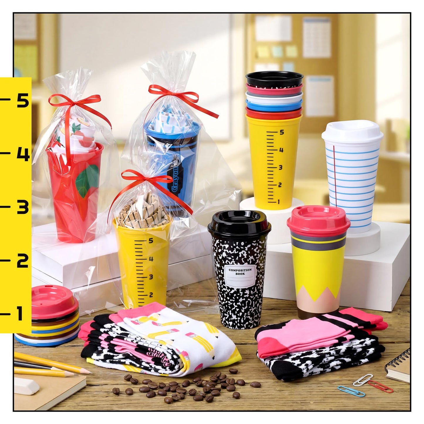 Yungyan 12 Set End of Year Gifts for Teacher Coworker Appreciation Gifts Bulk Reusable Plastic Coffee Cup and Novelty Teacher Sock Back to School Gift Employee Team Coworker Staff Office Supply(16 oz)