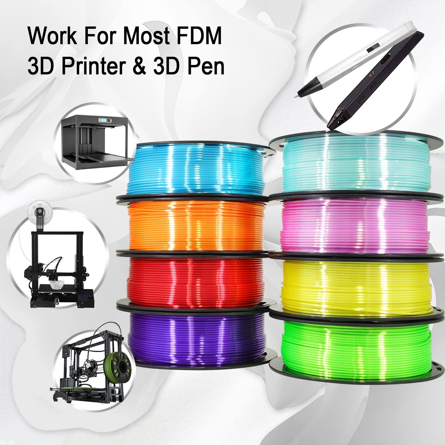 1.75mm Silk Shiny PLA 3D Printer Filament 8 Bright Colors Bundle: Silk Yellow/Lime Green/Orange/Sky Blue/Pink/Cyan/Red/Purple, Each Spool 250g, Total 2Kg 3D Printing Material, 250g x 8 Spools