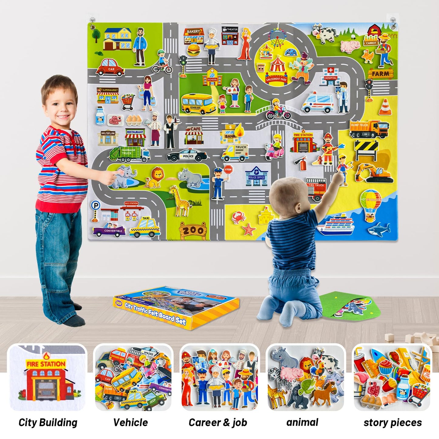 Felt Flannel Board Set for Toddlers,95 Felt Story Pieces,40*28in Wall Flannel Board ,My City Life Story,City Transportation Vehicles,Career Image Dress-Up,Zoo,Learning Interactive Storytelling