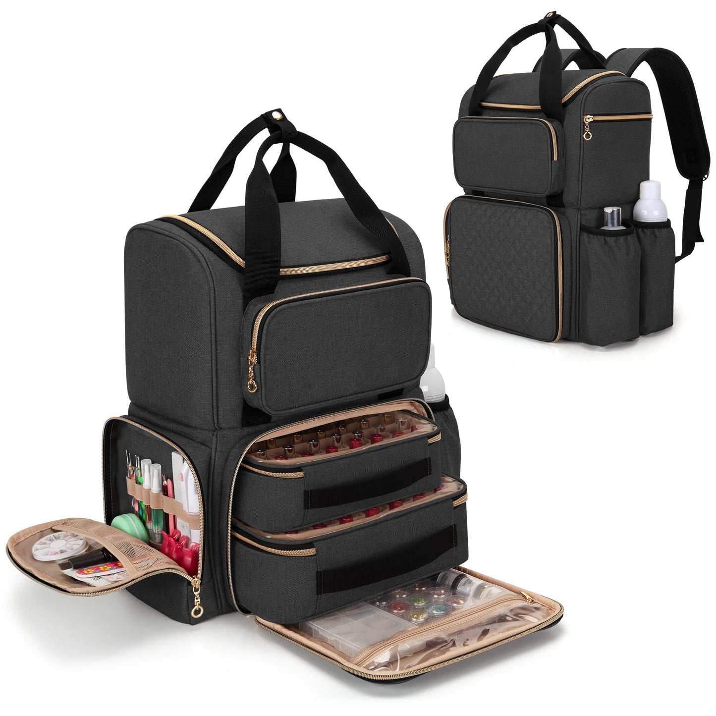 LUXJA Nail Polish Organizer (Backpack Version) Holds 70 Bottles and a Nail Lamp, Travel Nail Polish Bag with 2 Removable Cases and Tools Storage Pockets (Patent Pending), Black