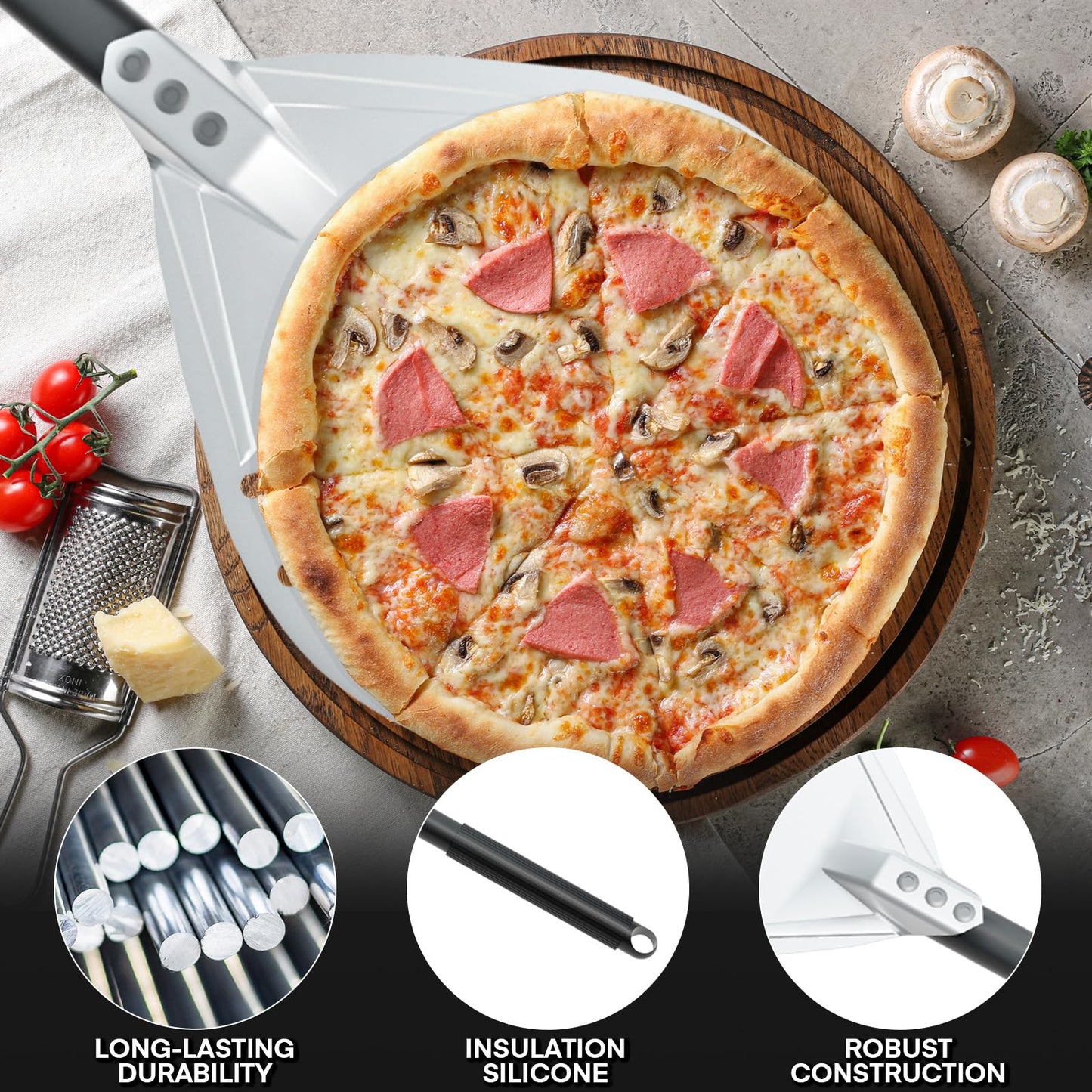 4-Piece Pizza Oven Accessories Kit, Includes 12 Inch Perforated Pizza Peel, 9 Inch Round Pizza Turning Peel, Oven Brush with Scraper and Rocker Cutter, Pizza Spatula Paddle Set for Home Pizza Making