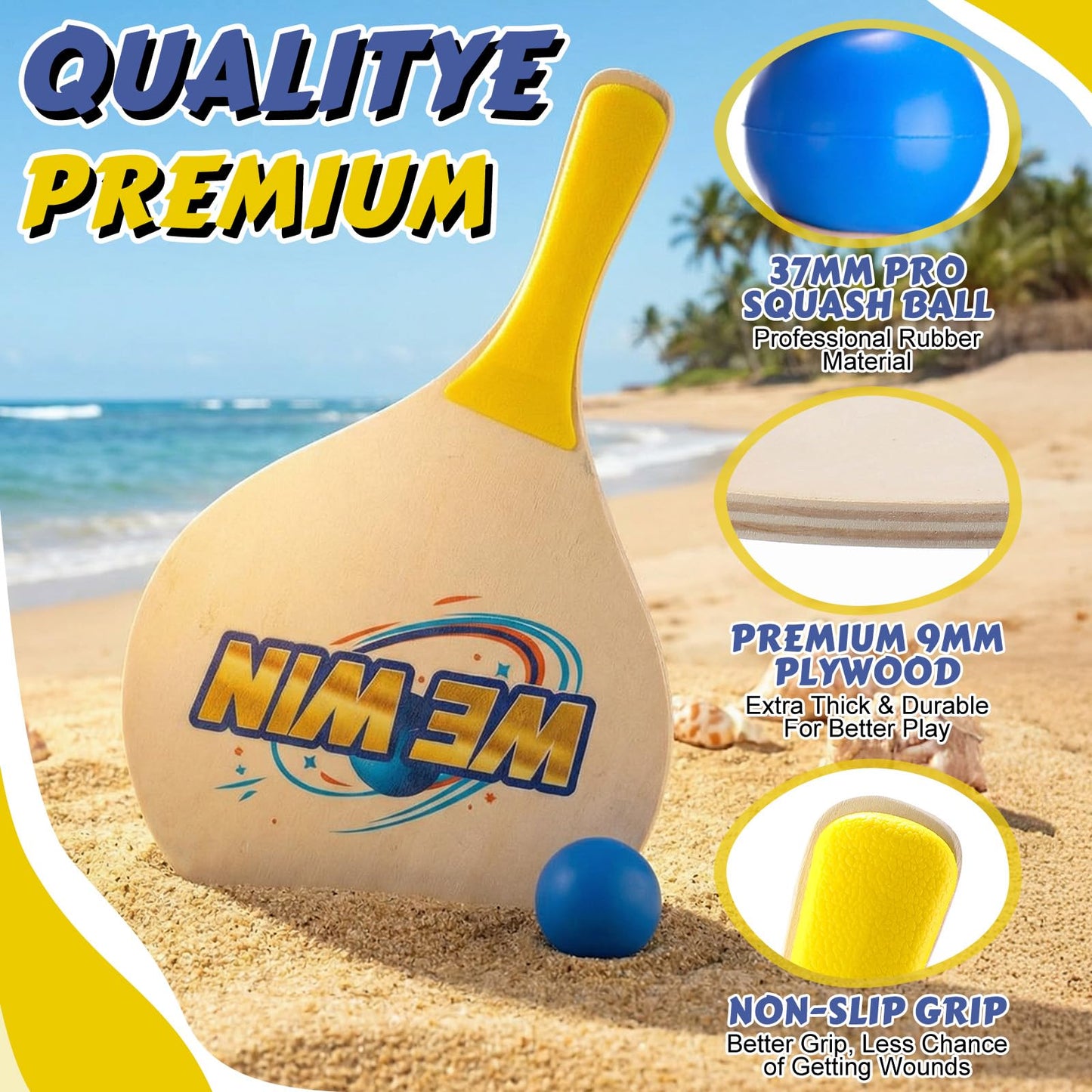 Junkin 4 Pairs Beach Paddle Ball Racket Set with 8 Rackets 4 Paddle Ball and 4 Drawstring Bag Paddleball Rackets for Indoor Outdoor Beach Game Yard Lawn Party Supplies