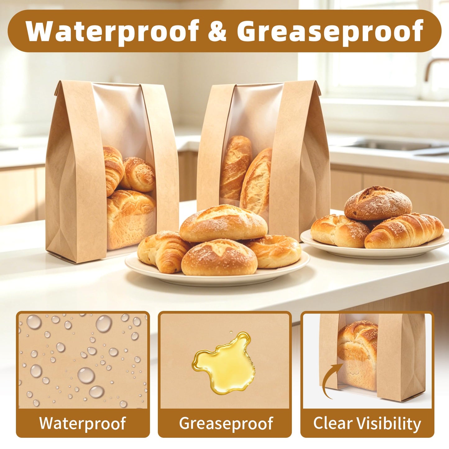 Homrelaxy 240pcs Paper Bread Bags for Homemade Bread, Sourdough Bag with Window, 13.7 x 8.3 x 3.5 Inch Large Brown Kraft Bakery Bags for Storing Loaves & Snacks, Includes 250 Sealing Stickers