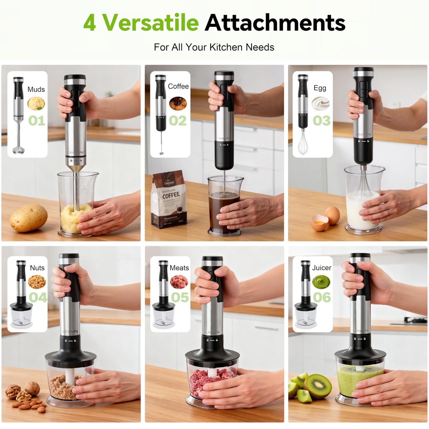 1200W Immersion Blender Handheld, 5-in-1 Variable Speed Emulsifier Hand Blender Stick with Whisk Chopper Milk Frother Mixing Cup and Storage Rack for Kitchen Soup, Purees, Baby Food and Smoothies