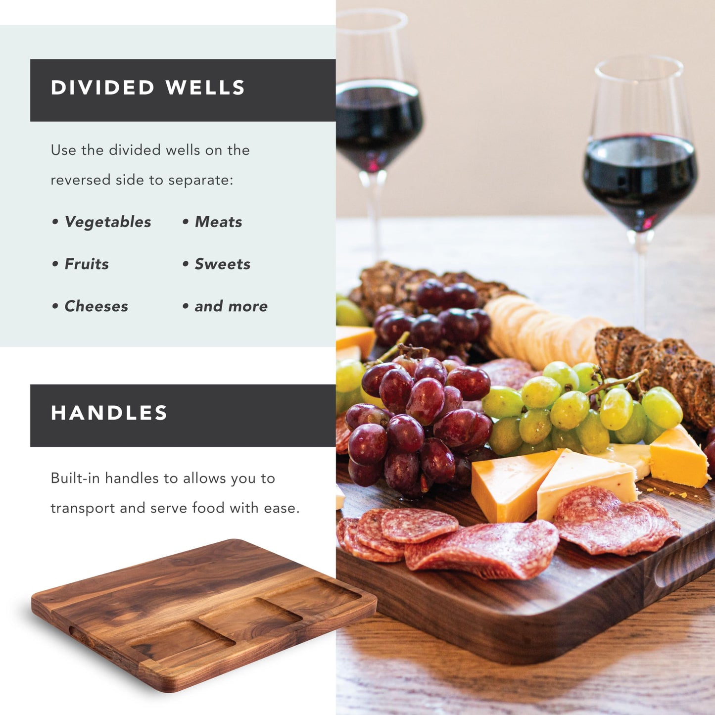ROSSIE HOME Wood Cutting Board, Heavy-Duty, Pre-Oiled, Reversible Charcuterie Board with Juice Groove, Divided Wells, and Carrying Handles for Kitchen - Black Walnut - 17x13 Inch - Style No. 60534