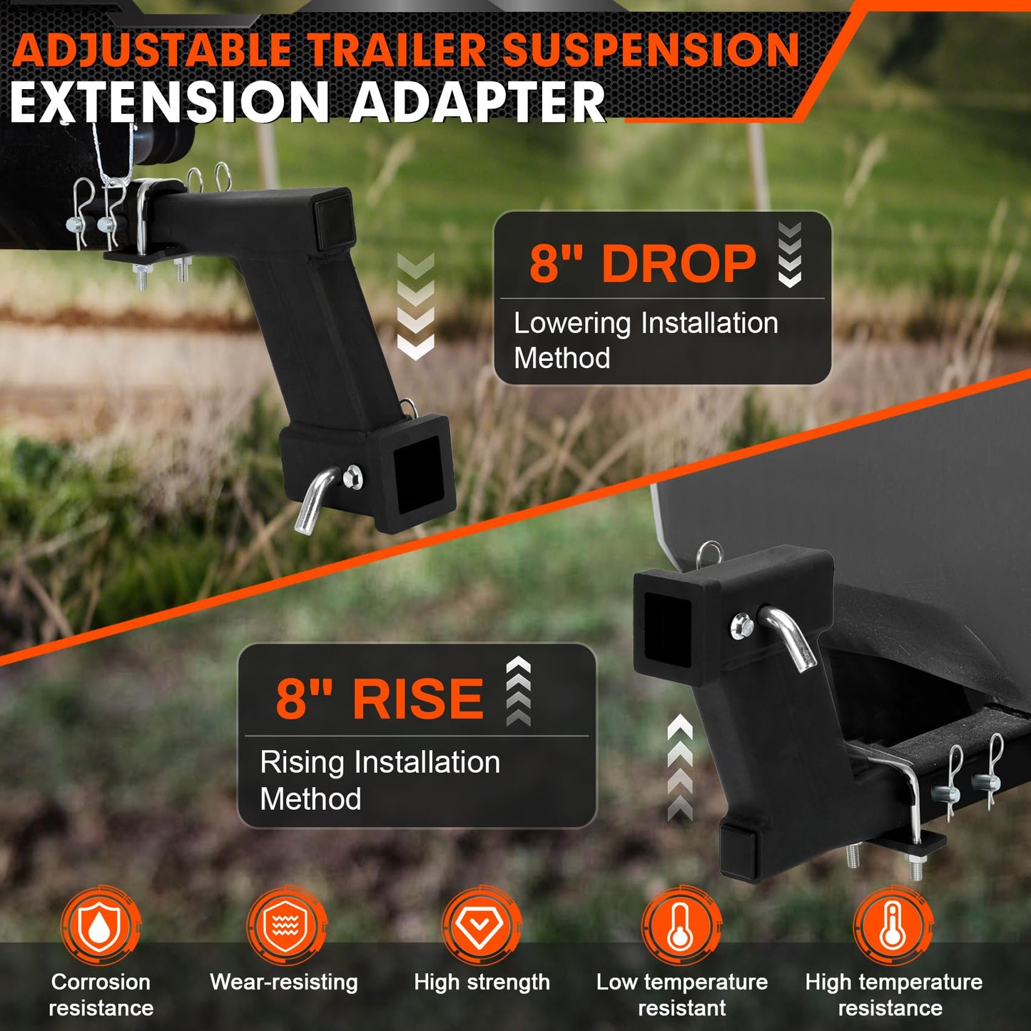 10000lbs 8-Inch Hitch Receiver Extension Riser, 2 Inch Receiver with 8 Inch Drop, Adjustable 9" or 11" Length, Dual Pinhole Design, 3-Pack Hitch Pins and Universal Trailer Cap, Black