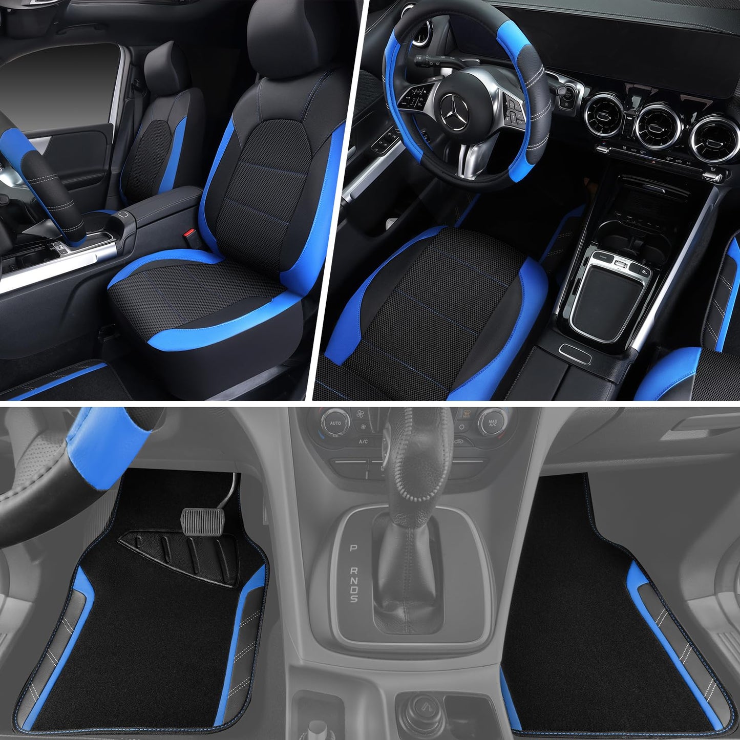 CAR PASS Air Mesh Leather Car Seat Covers Full Set, Waterproof Car Floor Mats, Sporty Steering Wheel Cover 14.5-15in, Universal Fits for 95% Cars Truck SUV (Black and Blue)