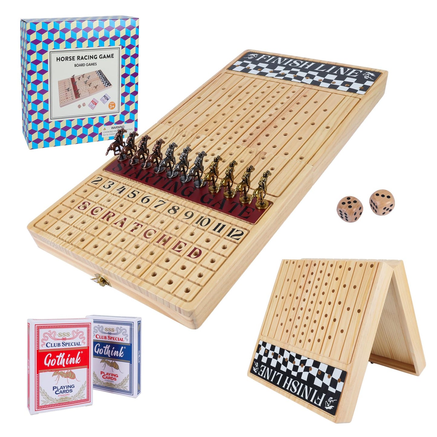 Offelec Large 23 inches Horse Race Board Game, Premium Durable Foldable Wooden Box, Horse Racing Game with 11 Retro Metal Horses, 2 Dices and 2 Playing Cards Fun Family Night Games for Adults Kids
