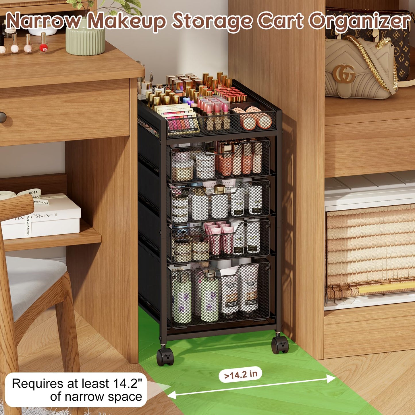 5-Tier Rolling Makeup Cart Organizer with 4 Drawers, Cosmetics Display with Dividers, Floor Skincare Storage with Wheels, Versatile Vanity Organizer for Nail Polish Perfume Brush Hair Tool, Black