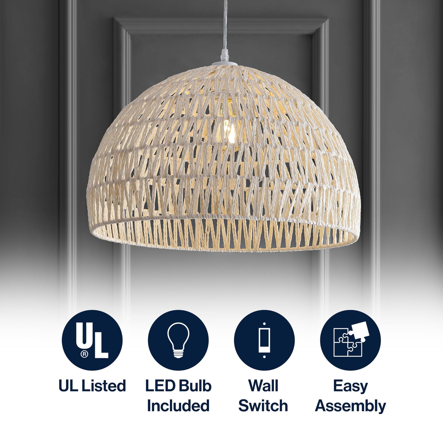 JONATHAN Y JYL6504A 20" Woven Dome Pendant Light, Bohemian Farmhouse Hanging Light Fixture with Adjustable Height for Kitchen Island, Dining Room, Living Room, Coastal Rope Ceiling Lamp, Cream