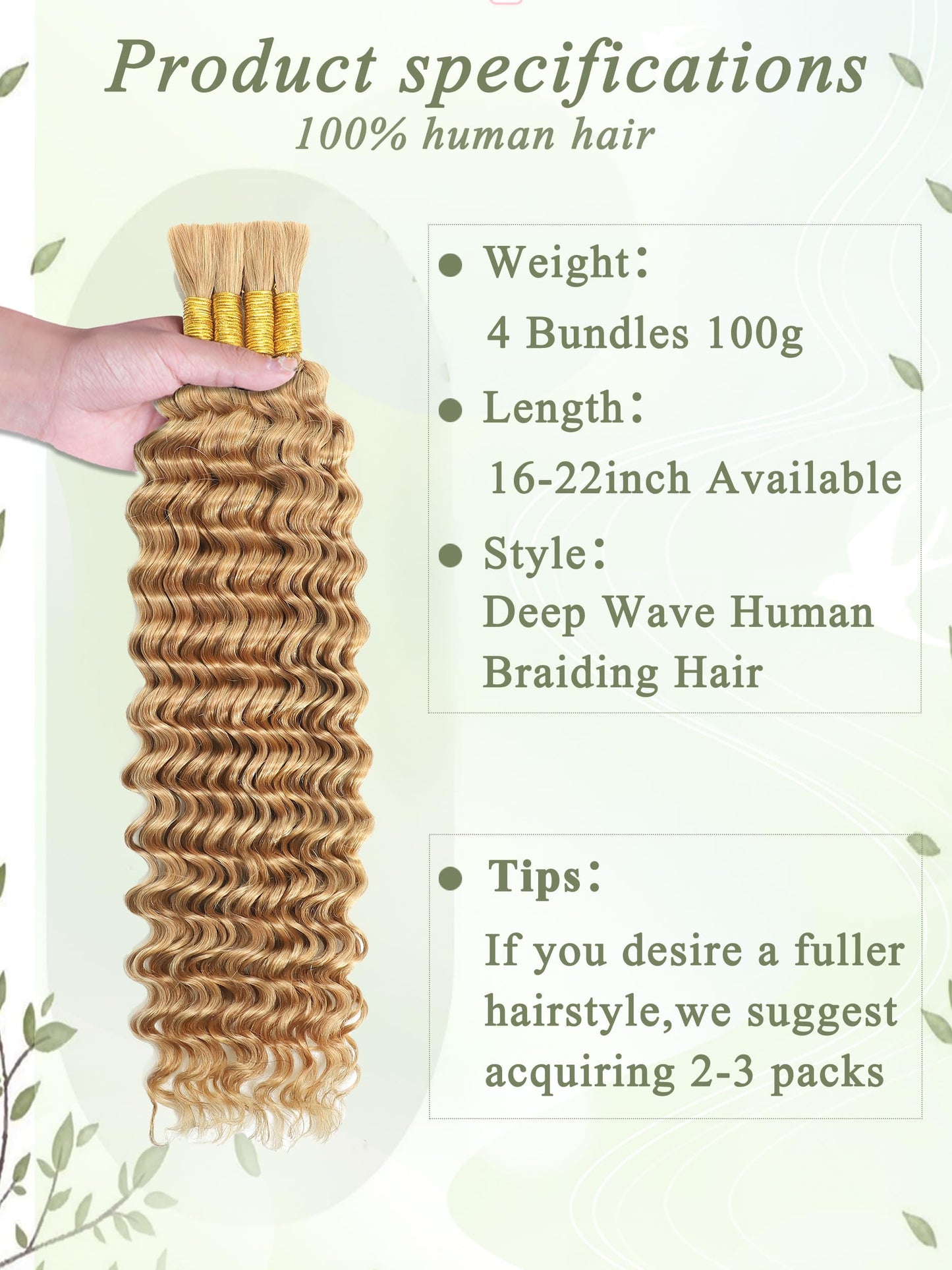 KULYMUWIG Blonde Human Braiding Hair for Boho Braids Deep Wave 22 Inch 100 g 4 Bundles Bulk Human Hair for Braiding No Weft 10A Curly Human Hair Extensions Wet and Wavy Color 27 Human Braiding Hair