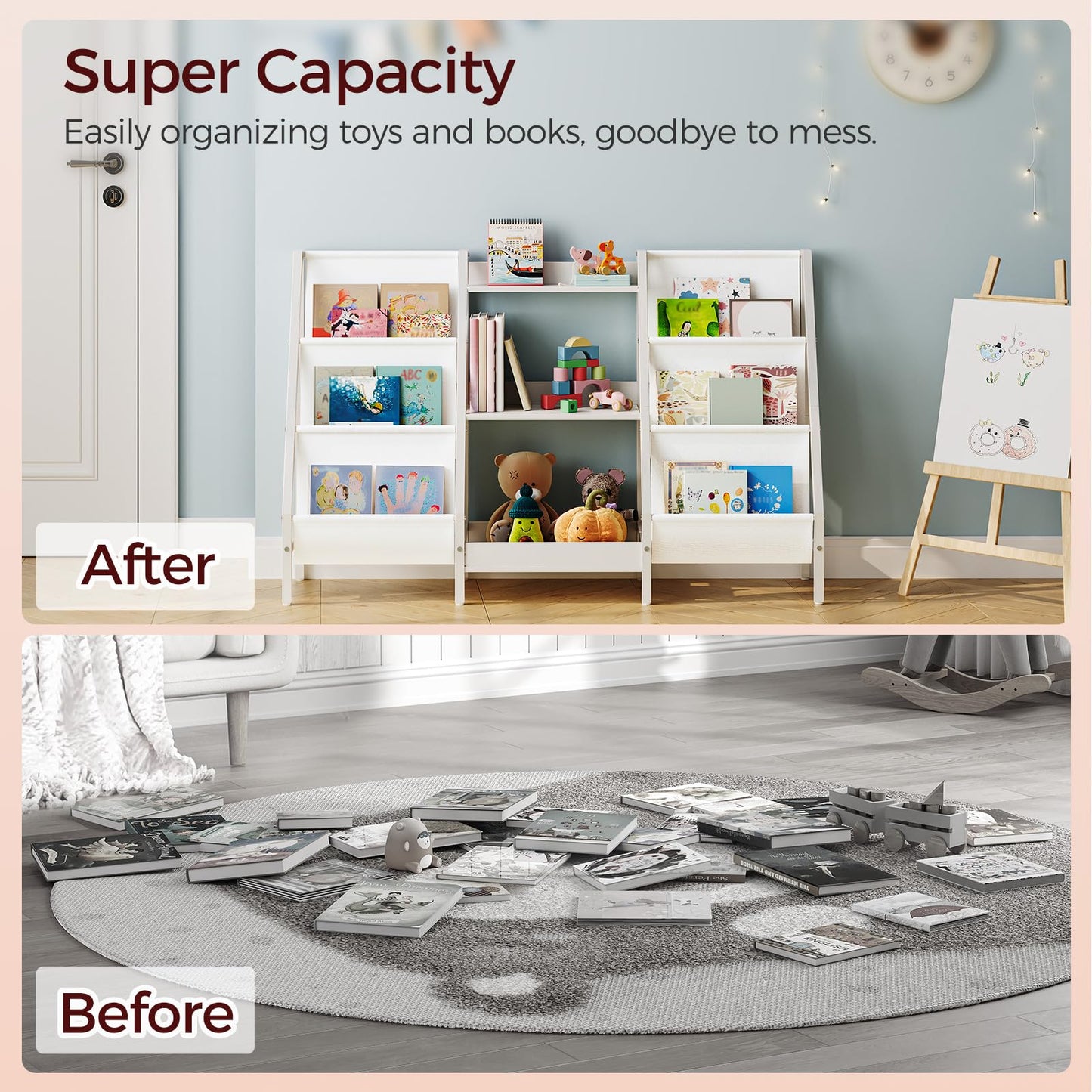 MAHANCRIS Kids Bookshelf and Toy Organizer, 3-Tier Bookshelf for Kids, Sturdy Kid Bookcase with Storage, Toddler Book Shelf for Kids Room, Playroom, Bedroom, Nursery, White BKWT34201