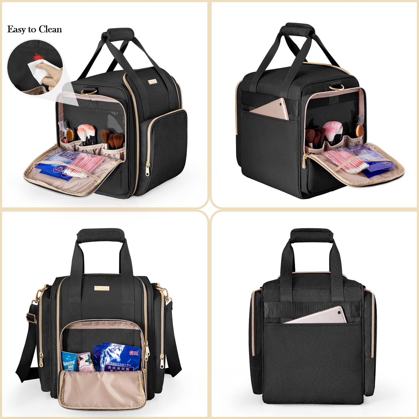 Prokva Travel Makeup Bag with 5 Removable Cases, Large Cosmetic Case Make up Organizer with Strap and Multiple Storage Pockets, Black (Patented Design)