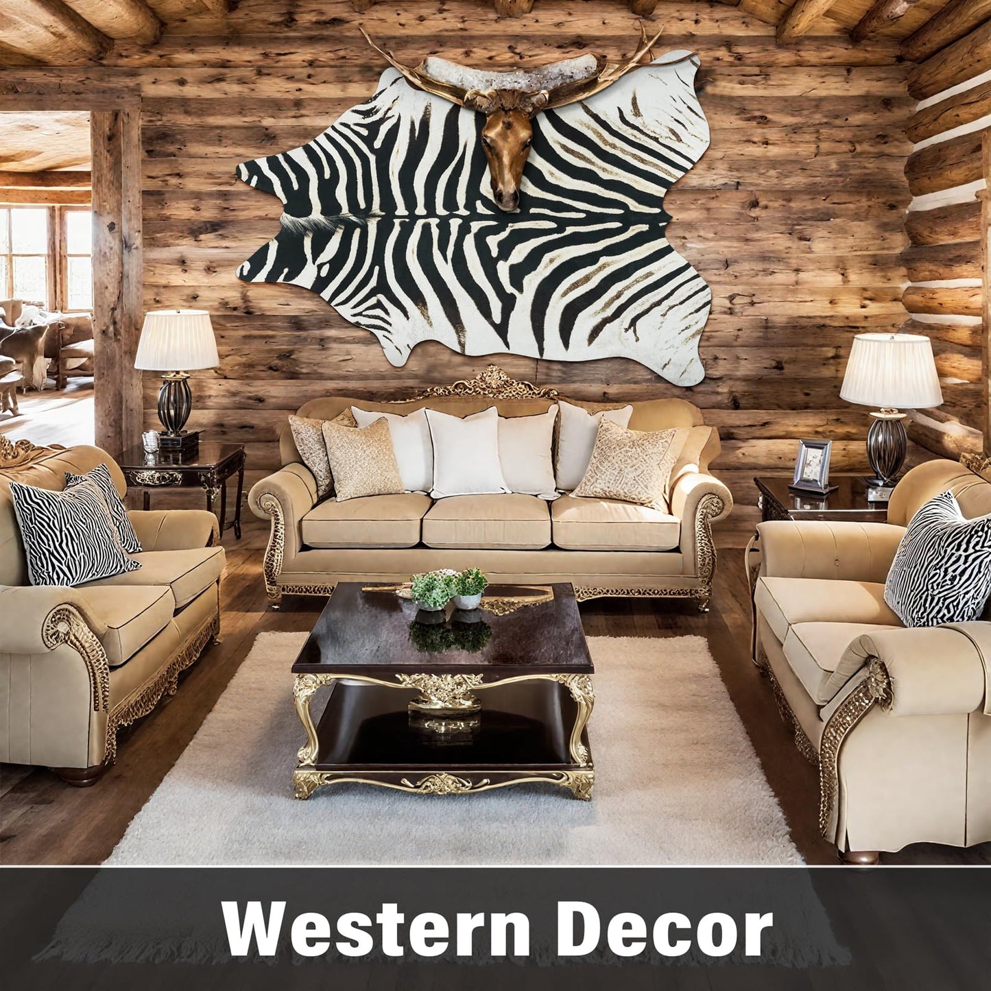AROGAN Western Faux Fur Zebra Rug, 4.6 x 5.2 Feet Premium Animal Skin Print Rug, Sturdy Faux Zebra Hide Rugs for Wall Decor, Western Floor Carpet for Bedroom Living Room, Black and White