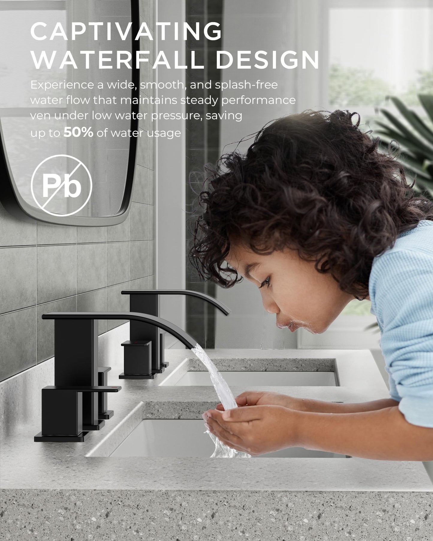 FORIOUS Square Matte Black Bathroom Faucets 3 Hole, Waterfall 8 Inch Widespread Bathroom Sink Faucet with Metal Pop-up Drain and Supply Lines, Two Handles for Vanity, RV, Farmhouse