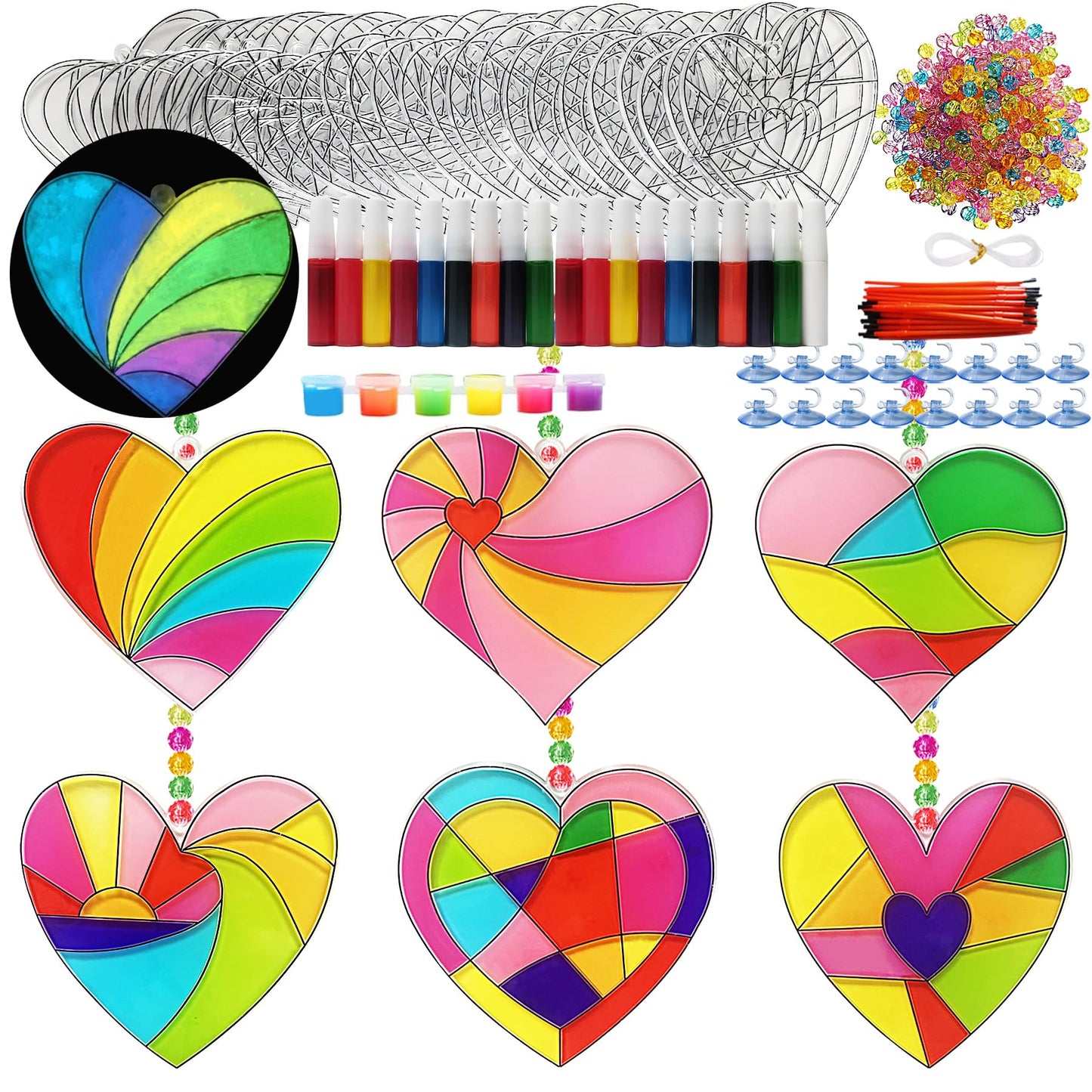 Ayhuhra 30 Sets Valentines Heart Suncatchers for Windows Glow in The Dark Valentines DIY Window Paint Art Suncatchers for Valentine's Day Gift Exchange Mother's Day Art Craft Party Supplies