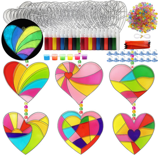 Ayhuhra 30 Sets Valentines Heart Suncatchers for Windows Glow in The Dark Valentines DIY Window Paint Art Suncatchers for Valentine's Day Gift Exchange Mother's Day Art Craft Party Supplies