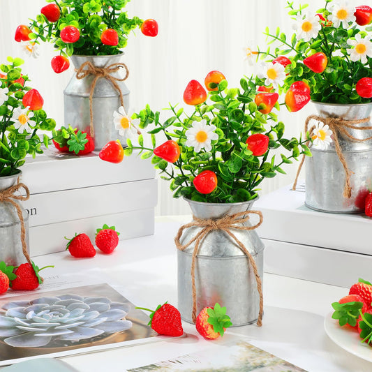 6 Sets Summer Strawberry Centerpieces for Tables Artificial Strawberry Daisy Plants with Vase and Fake Strawberries Berry Farmhouse Sweet Baby Shower Decor for Home Party Wedding Kitchen