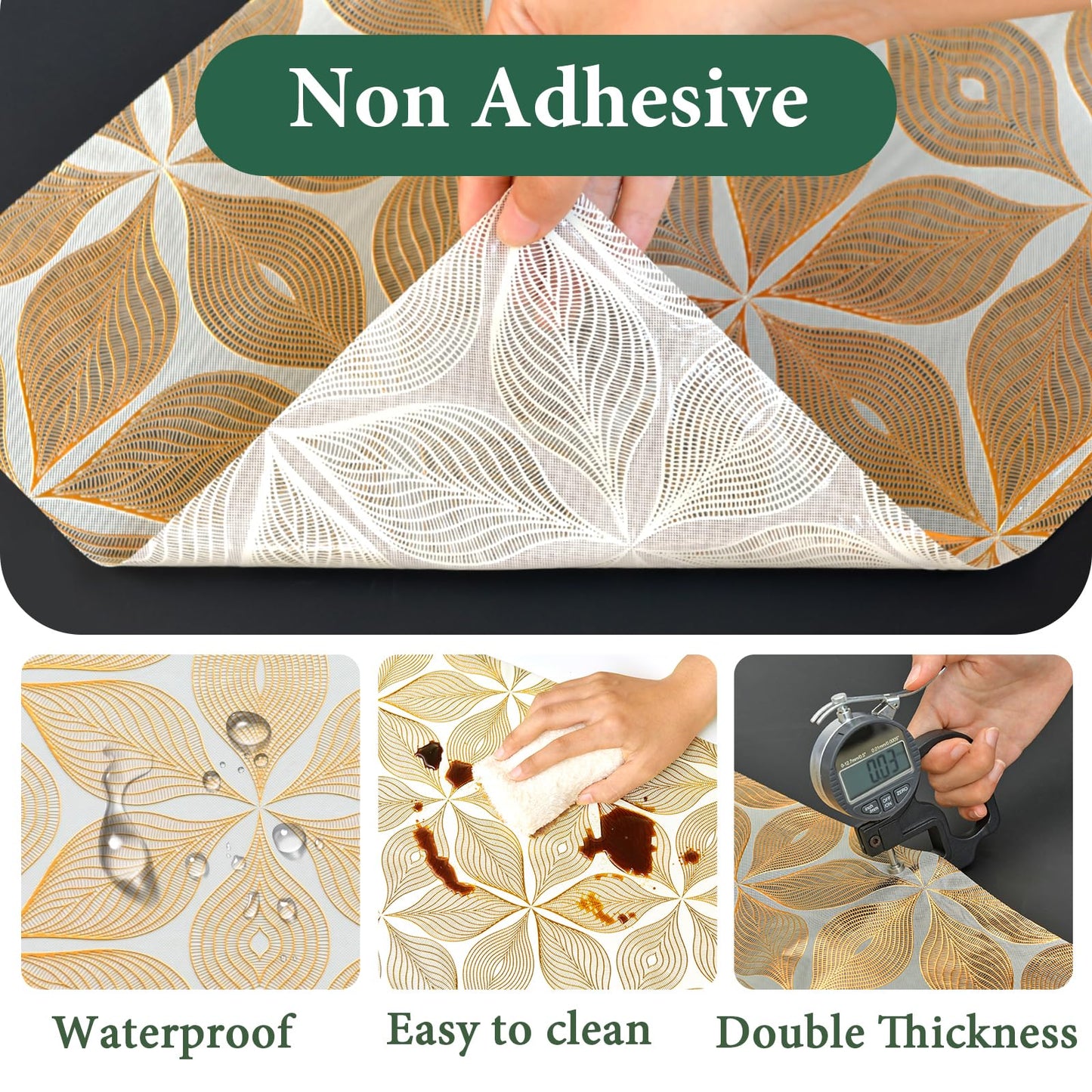 3D Drawer and Shelf Liner for Kitchen Cabinet: 17 in X 30 Ft Waterproof Shelf Paper Non Adhesive Refrigerator Liners Golden Leaf Easy Liners for Bathroom with Knife Tape Measure