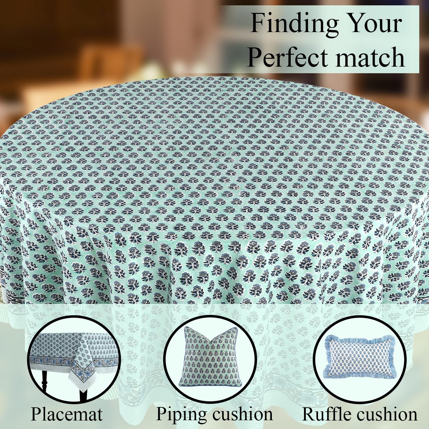 CPC Round Tablecloth- Cotton Indian Block Print Tablecloth -Handmade Printed Washable Cotton Table Cloth - Spring/Summer, Wedding Table Cover - Poppy Blue 90 Inches