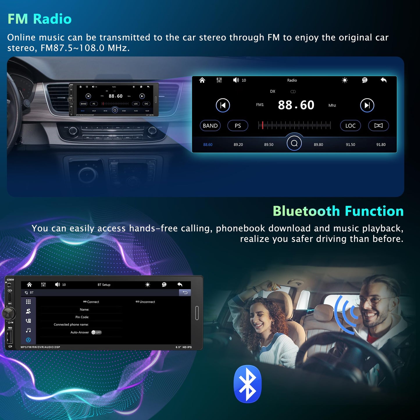 6.9 in Wireless Carplay Single Din Car Stereo, HD IPS Touchscreen Car Radio, Car Stereo with Bluetooth 5.0,Mirror Link,FM,EQ,USB/Type-C,MIC, Weatherproof Night Version Backup Camera, Android Auto