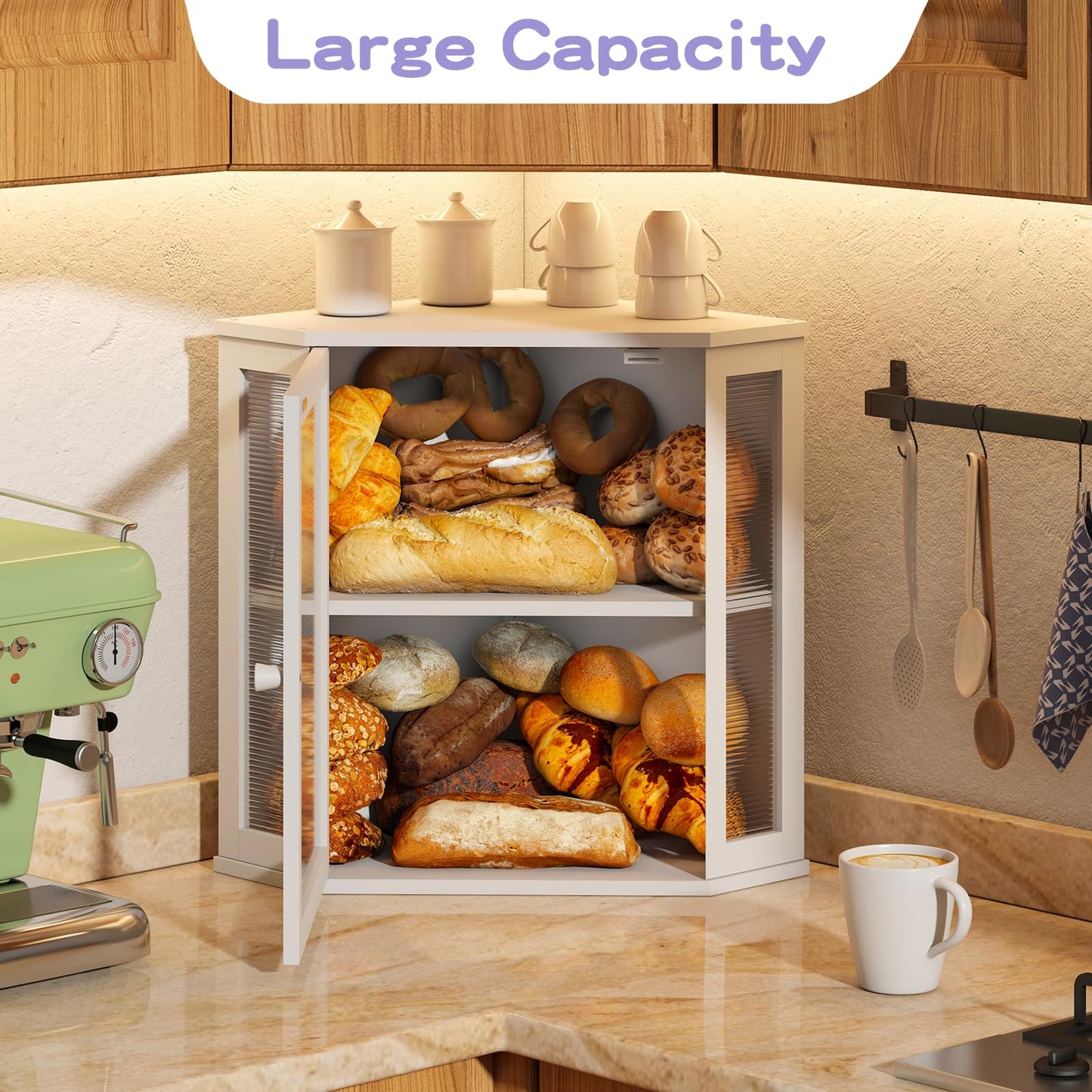 Wieghda Corner Bread Box for Kitchen Countertop, Farmhouse Style with Acrylic Wavy Door Panel White Counter Bread boxes, Extra Large Food Storage Container