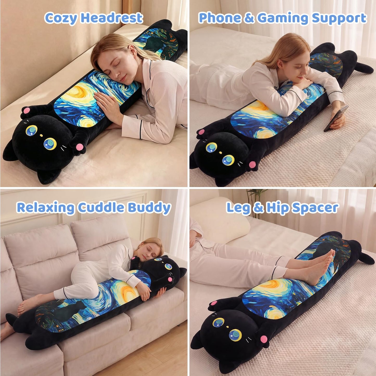 Mewaii Long Cat Plush Body Pillow, Cute Cat Plush Animals Kawaii Soft Plushies, Kitten Plush Pillow Gift for Girls Boys (Blue Starry Cat 53 Inch)