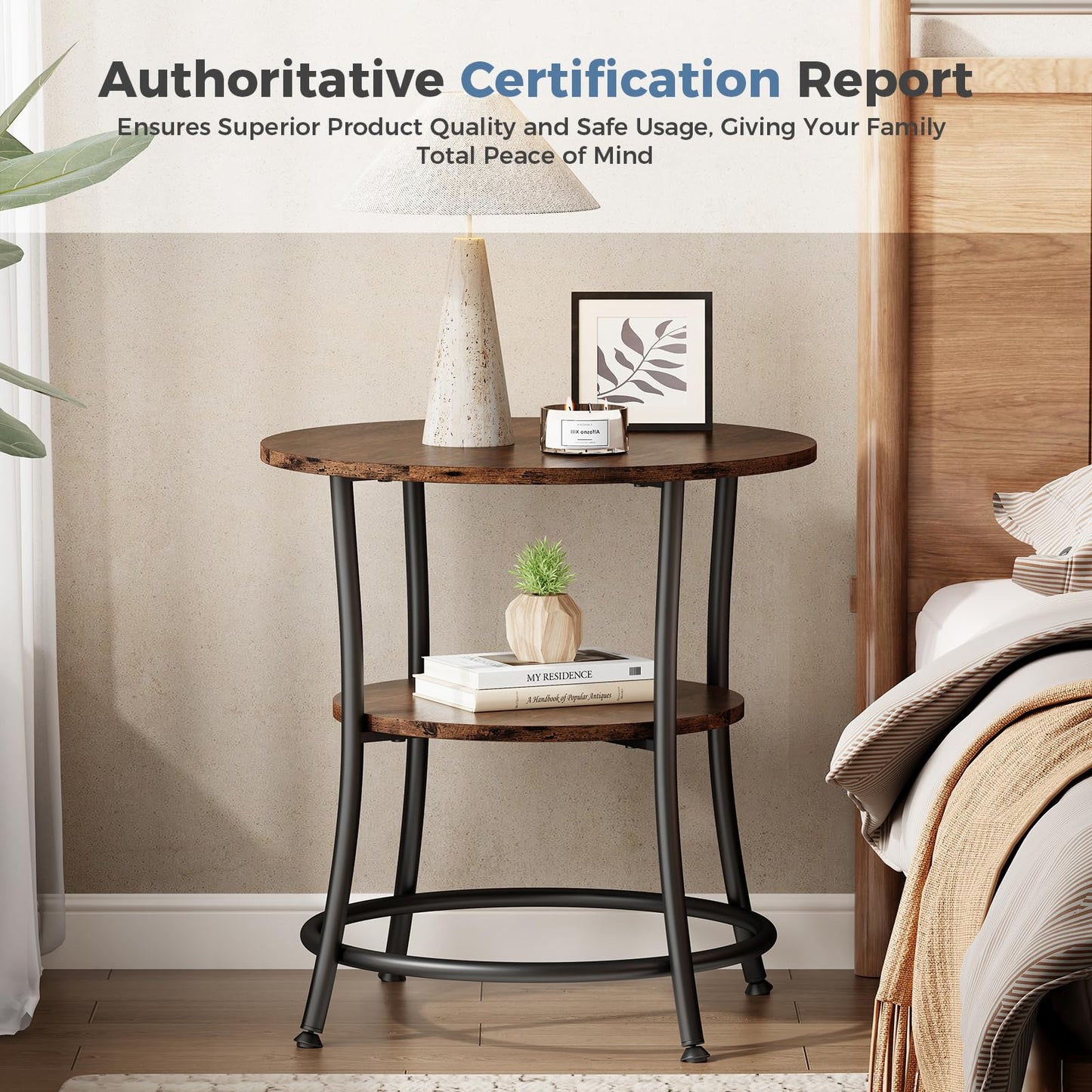 OLIXIS 21.85-Inch Round End Table, 2-Tier Side Round Table for Living Room, Accent Table with Storage Shelf, Sturdy Metal Frame Nightstand for Small Space, Round Bedside, Rustic Brown and Ink Black