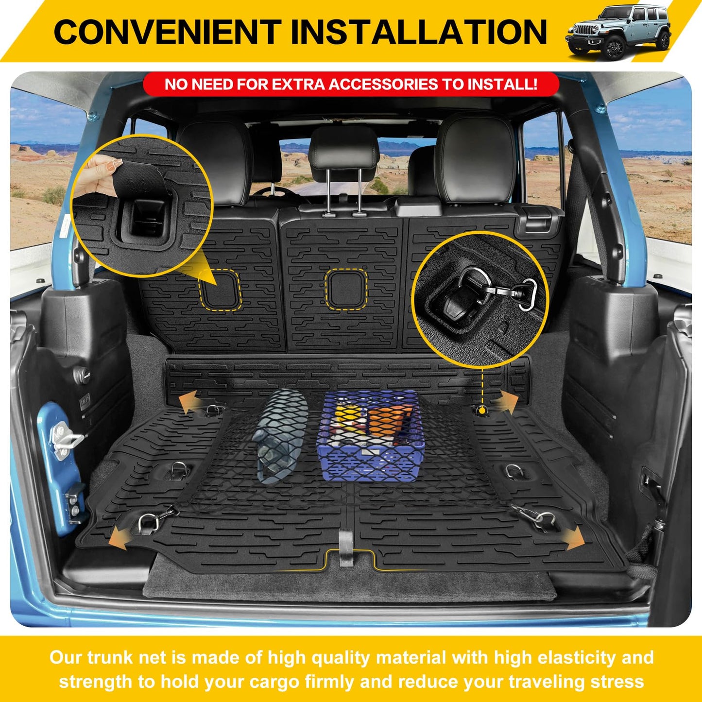 JTYZSM Cargo Mats with Net for 2021-2025 Jeep Wrangler JL Unlimited 4XE Accessories All Weather Protection Rear Seat Back Cover Trunk Liner Cargo Net for 21-25 JL JLU 4XE 4 Door(Not for 4X4)