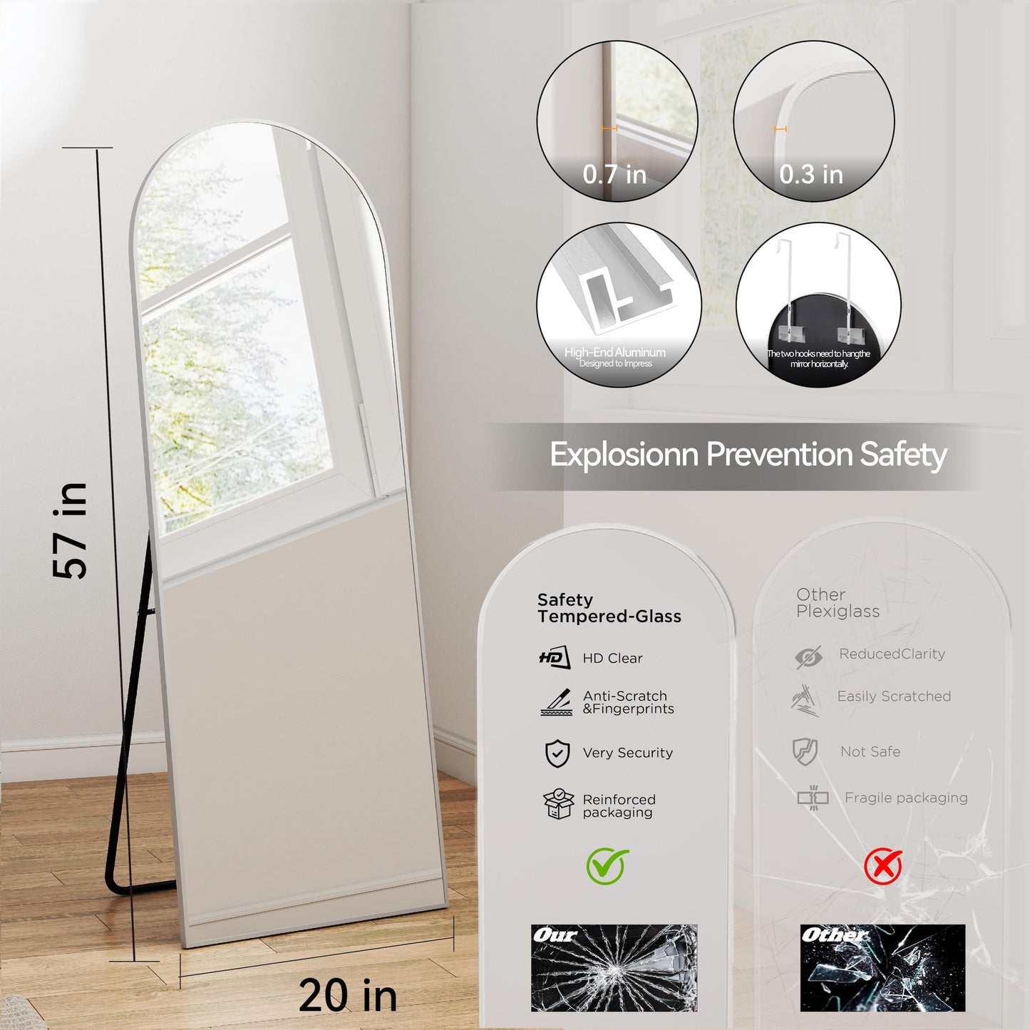 SCWF-GZ 57x20 Door Hanging Full Length Mirror, Floor (Height 5.7ft just Body in1.3ft) or Wall Mounted Metal Frame Arch Dressing Mirrors for Bedroom Bathroom Living Room 57 20 inch Silver