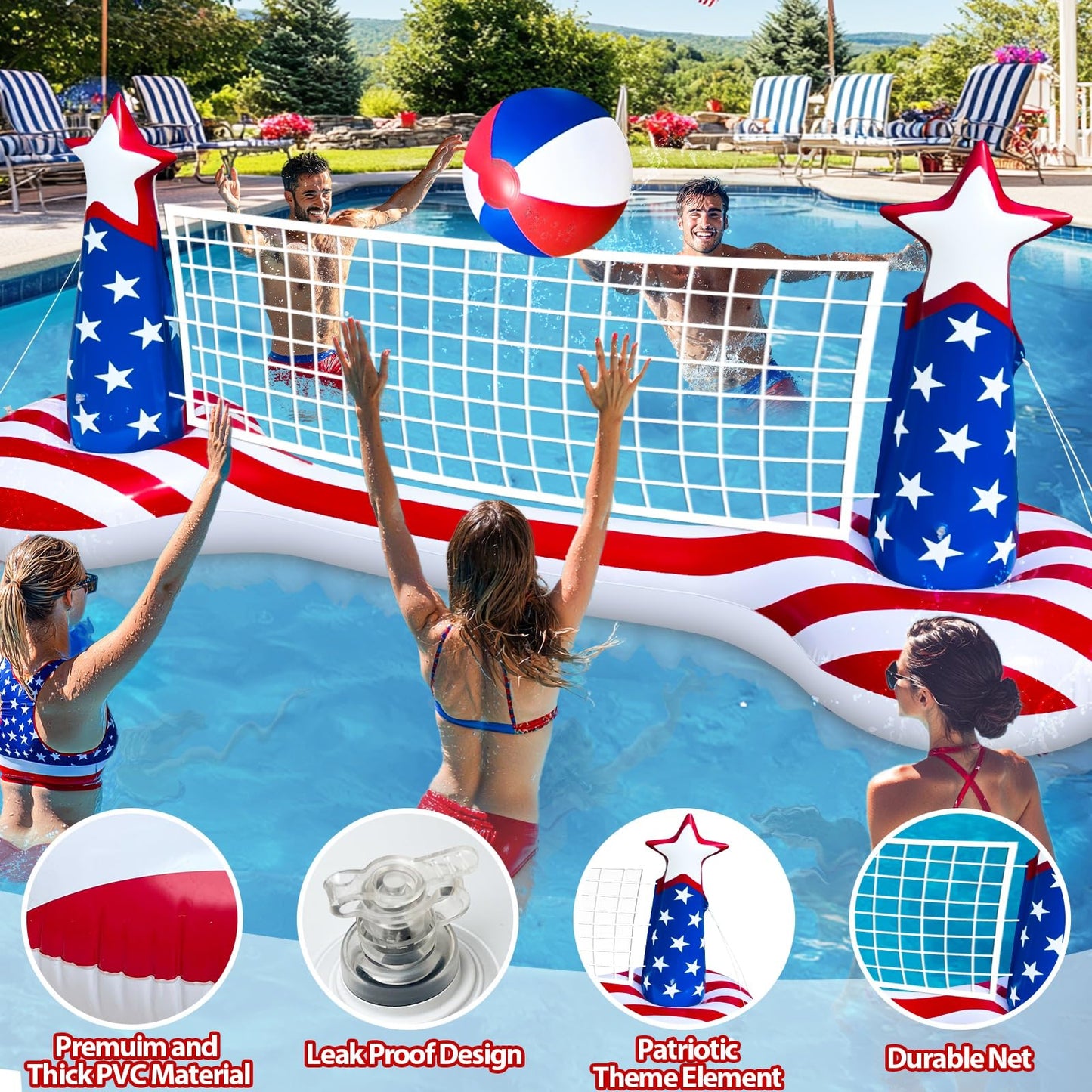 Large Inflatable Pool Games Volleyball Net Pool Float Set with 9" Beach Ball, 2 Weight Bags & American Flag Design – Floating Swimming Game Toy for Adults & Kids, Perfect for 4th of July Party Summer