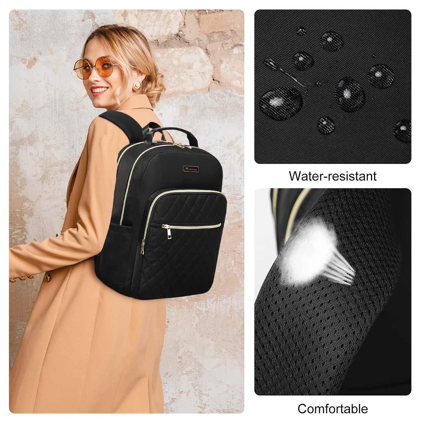 Modoker Eco-Friendly 15.6 Inch Laptop Backpack, Quilted Work Backpack for Women Bookbag Teacher Backpack with USB Charging Port, Travel Backpack Purse for Women Nurse, Black