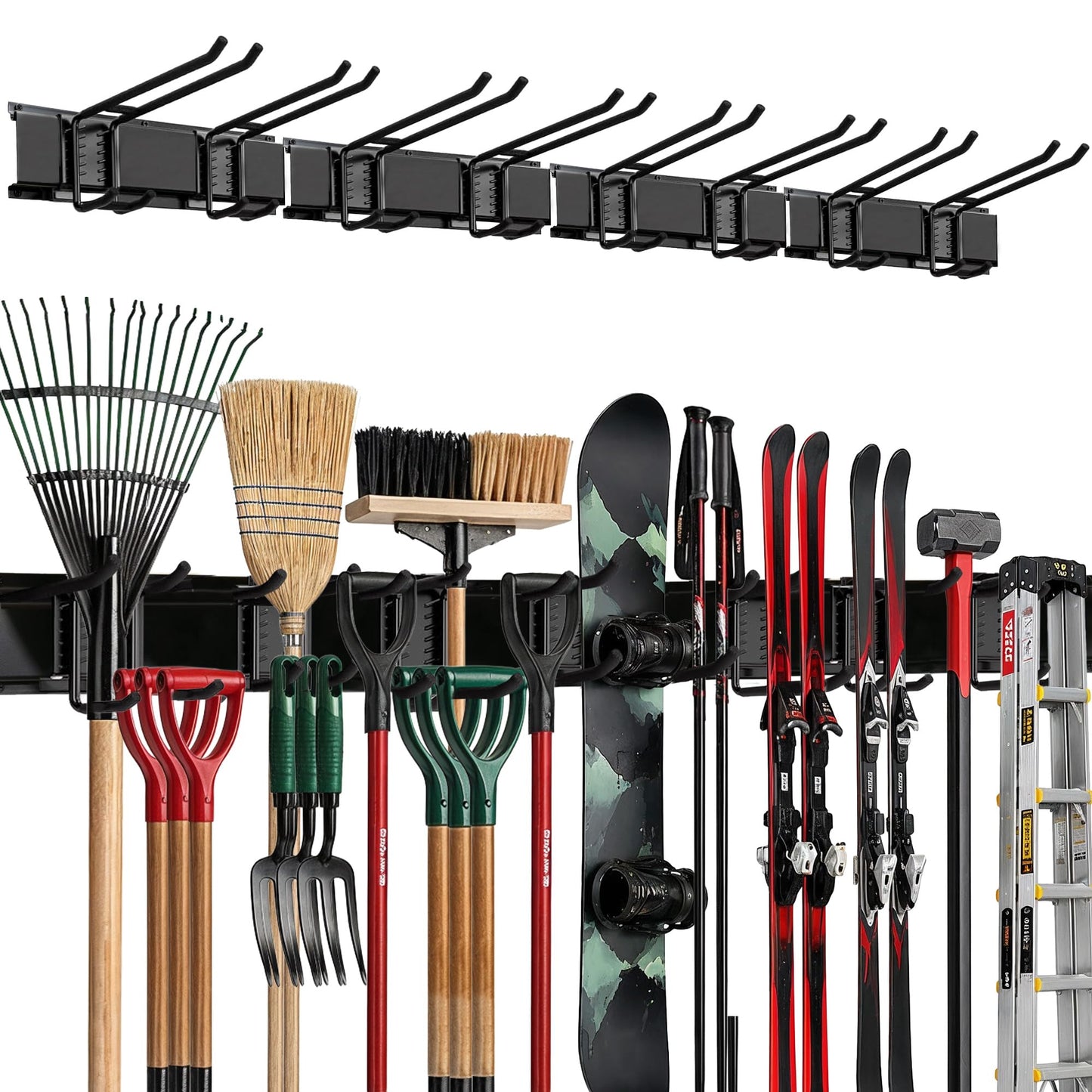 TIDYME Garage Wall Organizer | 64" Heavy-Duty Tool Storage Rack | Adjustable Double-Layer Hooks | 400 lbs Capacity | Carbon Steel Wall Mount Holder for Shovels, Rakes, Ladders & Power Tools