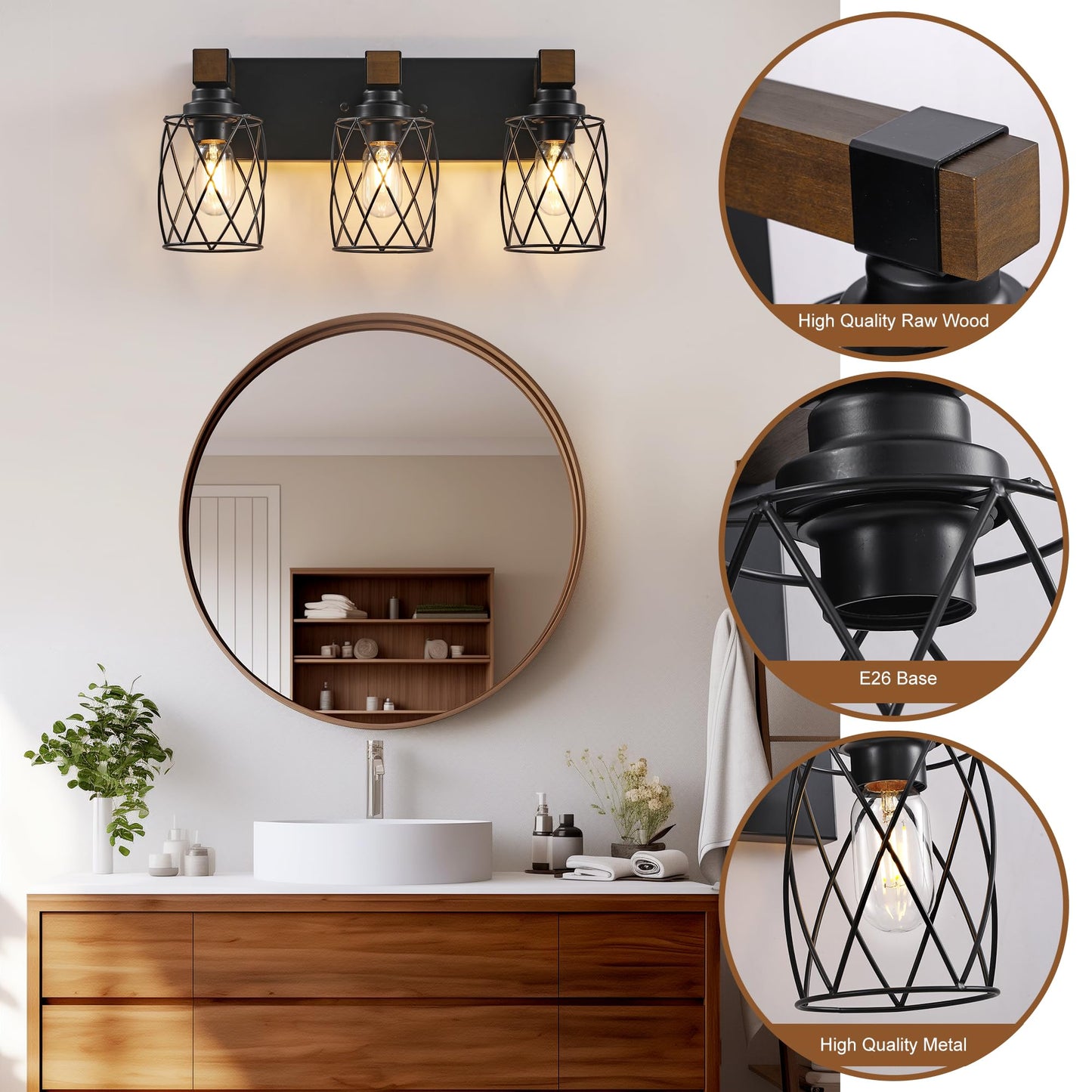 XvmBvm Farmhouse Bathroom Vanity Light, 3-Light Wood Bathroom Light Fixtures Over Mirror, Black Industrial Vanity Lights with Metal Shade, Rustic Bathrooms Lighting for Living Room, Bedroom, Hallway