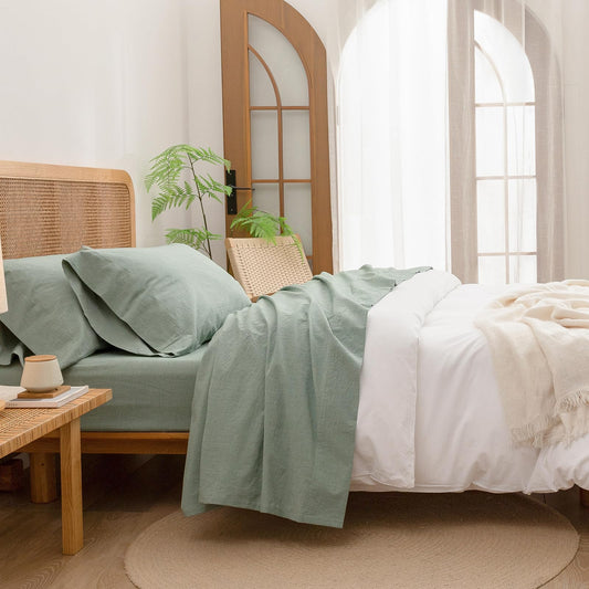 BESTOUCH Sheet Set 100% Washed Cotton Linen Feel Super Soft Comfortable Chic Lightweight 4 Pcs Home Bedding Set Solid Green King