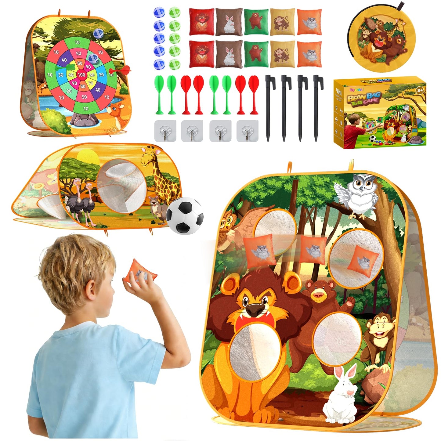 4 in 1 Animal Bean Bag Set for Kids Cornhole Board Game with Dart Board for Toddlers Outdoor Family Party Game Backyard Beach Lawn