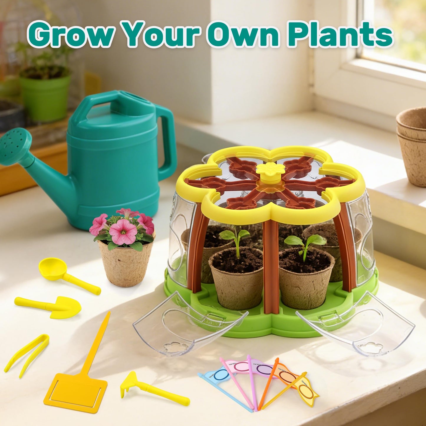 CUTE STONE Kids Gardening Tools Set with Wheelbarrow, 2 Shovel & Rake, Gloves, Watering can, Kids Plant Growing Kit - Complete Kids Greenhouse & Flower Growing Kit with Upgraded Irrigation