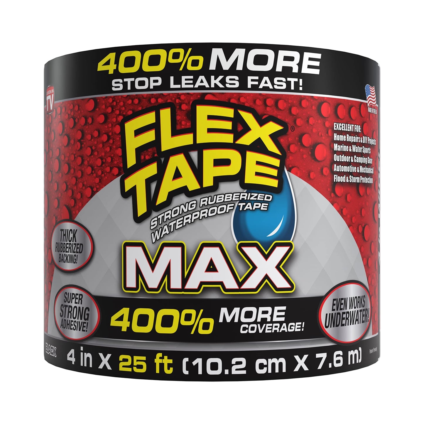 Flex Tape, MAX, Original Thick Flexible Rubberized Waterproof Tape - Seal and Patch Leaks, Works Underwater, Indoor Outdoor - Home RV Roof and Pool Repairs, Black, 4 in x 25 ft, Pack of 1