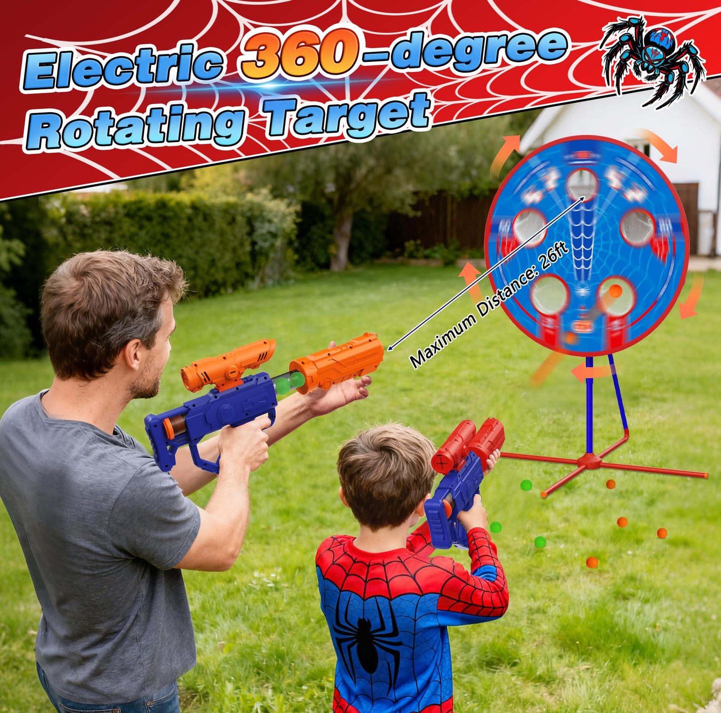 Spider Upgraded 2-in-1 Shooting Games Toys: Rotating Target, 2 Air Blasters & 24 Foam Balls, Bean Bag Toss Game for Kids, Indoor Outdoor Yard Party Games for Boys Girls 4 5 6 7 8 9 10+ Year Old Gift