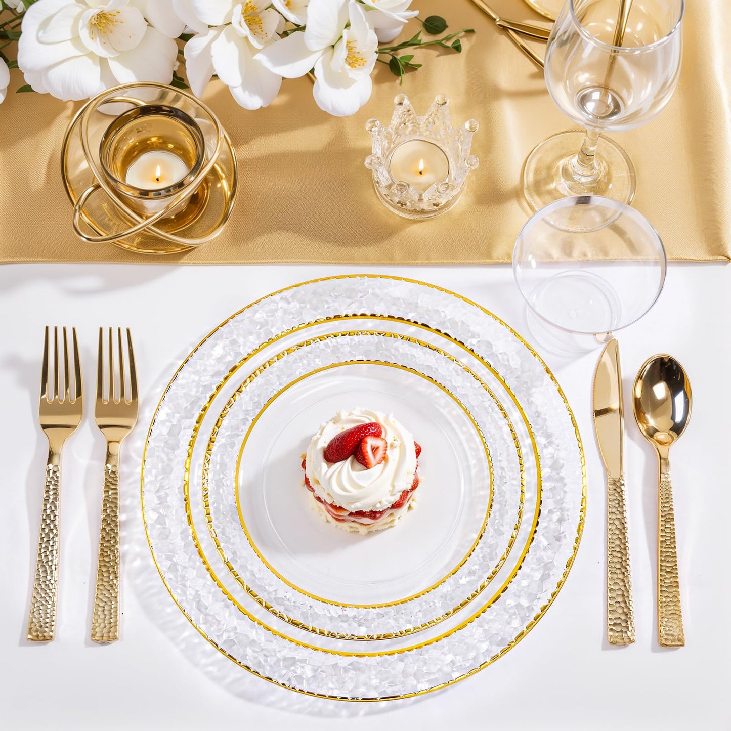 Nervure 102PCS Gold Plastic Plates - Disposable Clear Gold Party Plates Include 51PCS 10.25inch Dinner Plate & 51PCS 7.5inch Dessert Plate Perfect for Wedding & Party & Thanksgiving