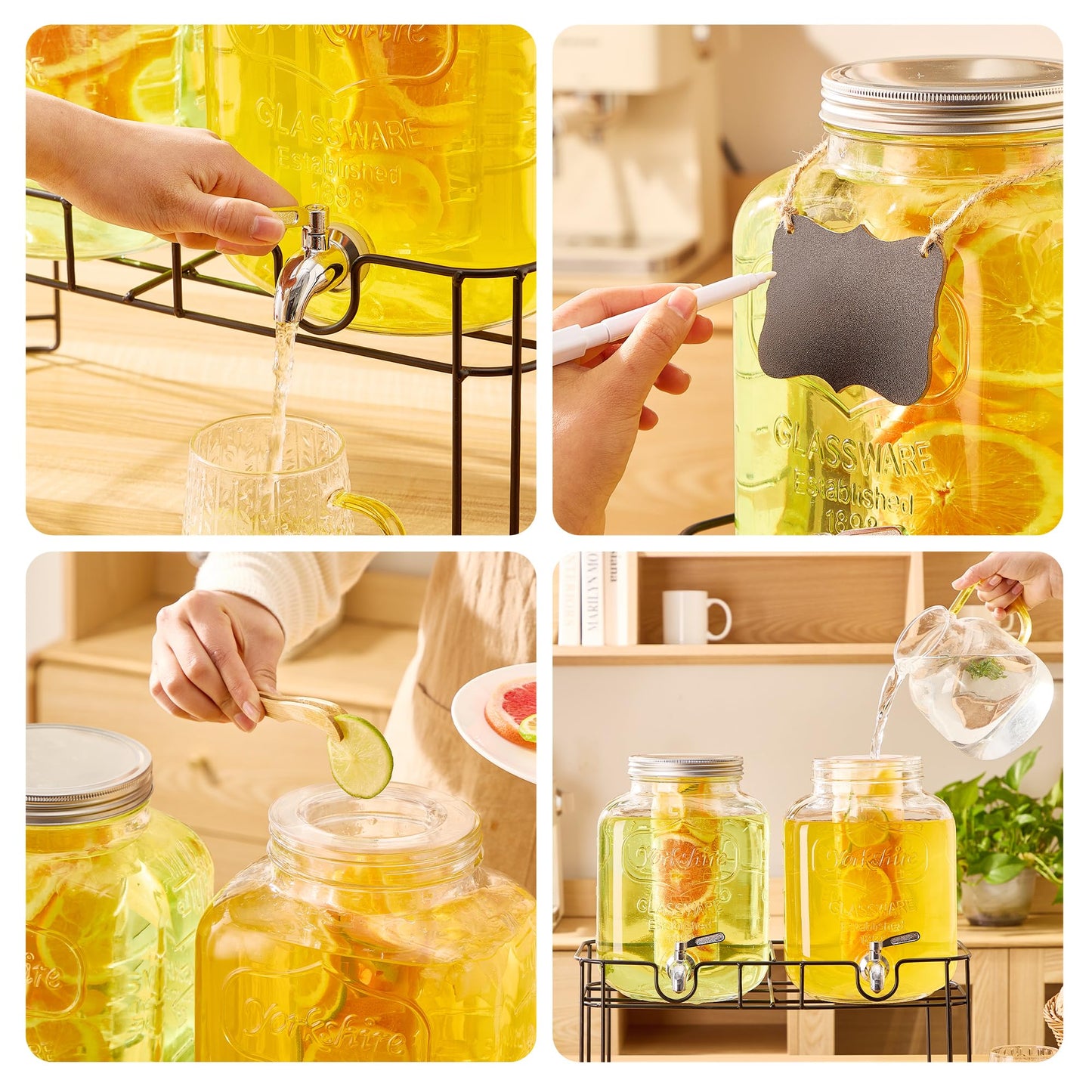 1.5 Gallon Glass Drink Dispensers for Parties, 2PACK Beverage Dispenser with Stand, Ice Cylinder and Stainless Steel Spigot 100% Leakproof, Beverage Dispenser for Lemonade Sun Tea