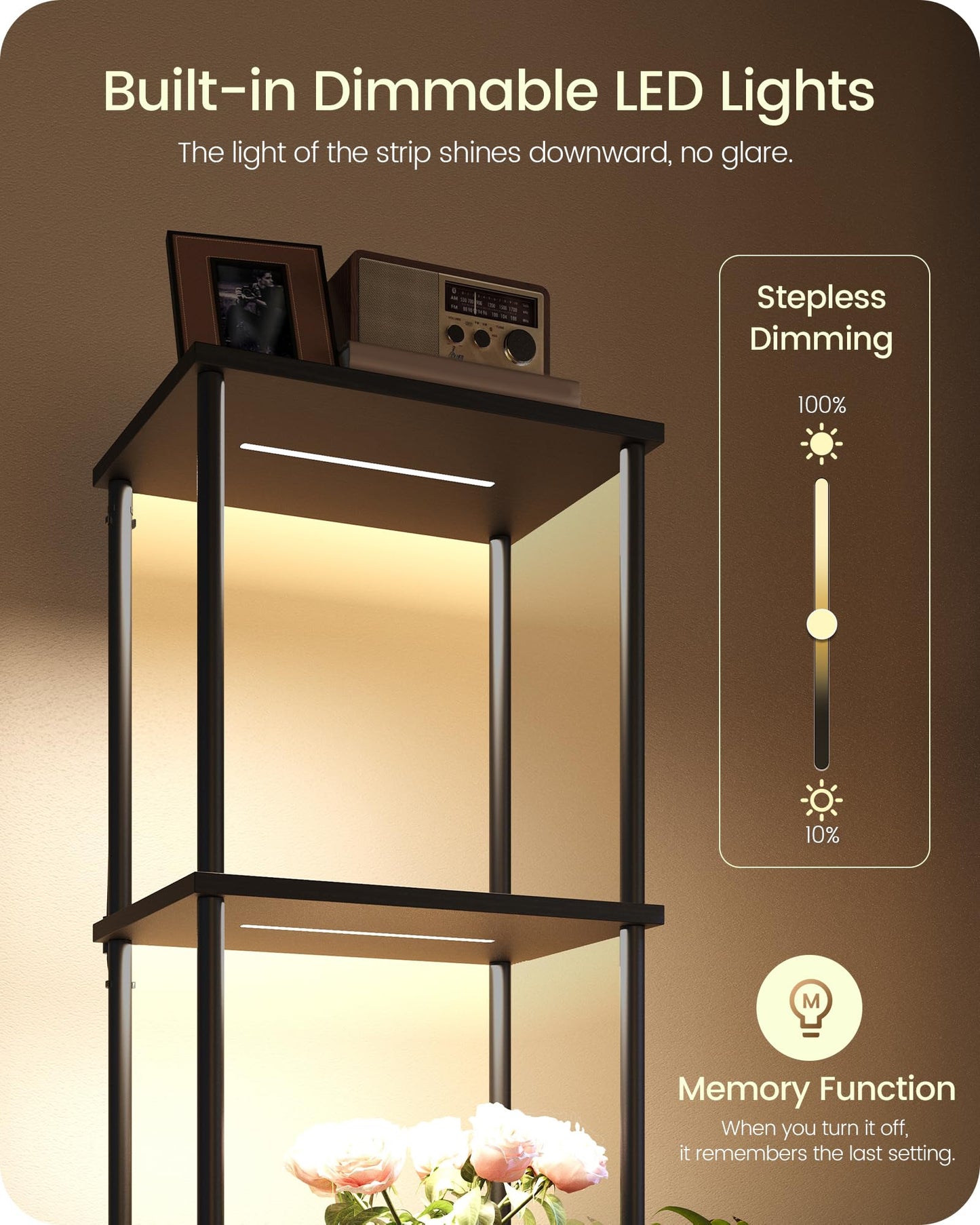 Display Shelf with Light, 5-Tier Shelf Lamp, Corner Floor Lamp with Shelves, Dimmable LED Floor Lamp for Living Room with Remote and Foot Control, 3CCT, Timer, Standing Lamp, Corner Bookshelf B52LD05