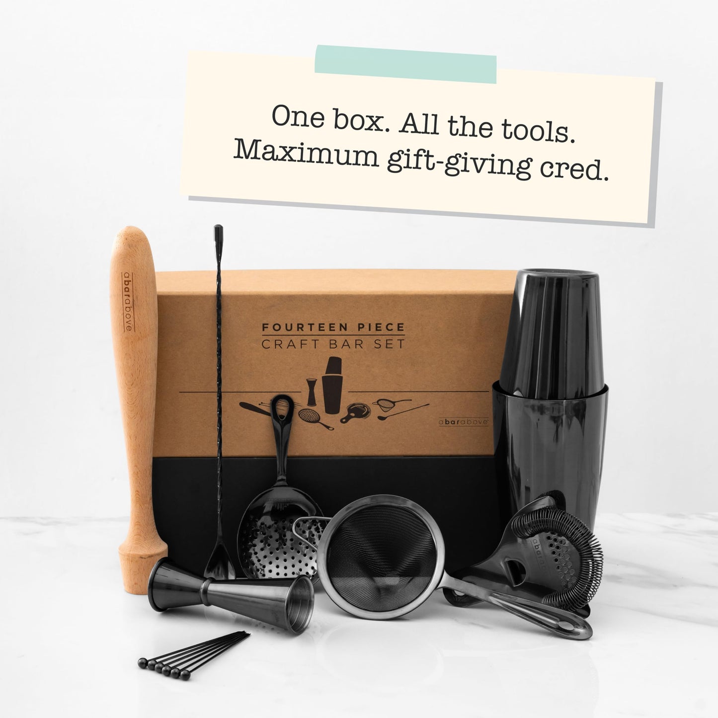 A Bar Above 14-Piece Stainless Steel Bartender Kit, Premium Professional Barware Set for Home Bars and Mixologists, Includes Cocktail Shaker, Jigger, Spoon, Strainers, Muddler, Picks, and More