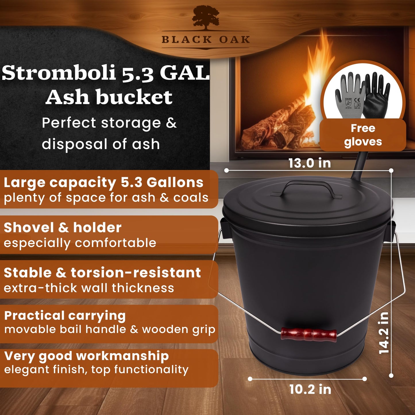 BLACK OAK Ash Bucket Stromboli 5.3 GAL –Black with lid, Shovel & Gloves –Silver Handle –Large 20L, Fireproof Galvanized Steel & Powder-Coated, ash & Coal, Fireplace, Tiled Stove, Wood-Burning Stove